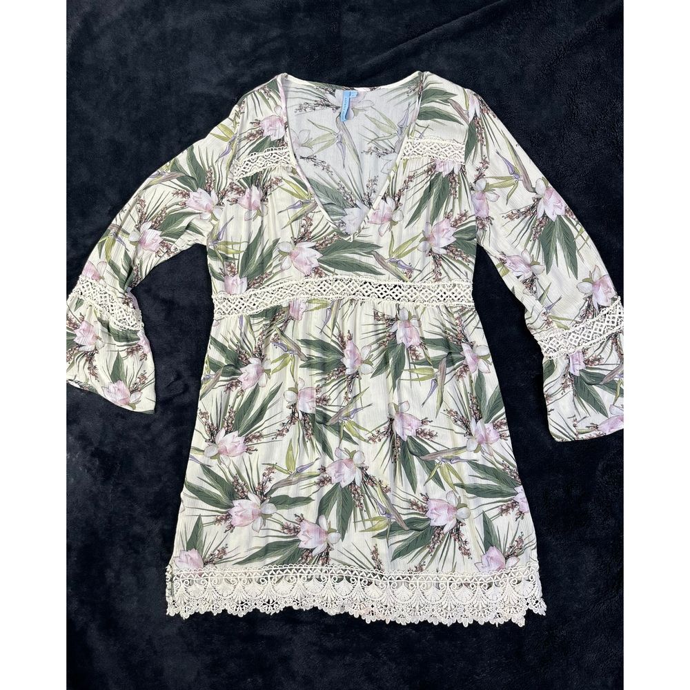 Antonio Melani Fairy Core Floral Crochet Dress Bell Sleeve V-Neck Empire Waist L